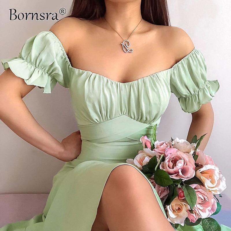 Bornstra 2021 여름 신상품 퓨어 컬러 심플 원 숄더 반팔 롱 스커트 섹시 슬림 템퍼먼트 스커트 미드 카프 섹시 드레스, 섹시한 드레스